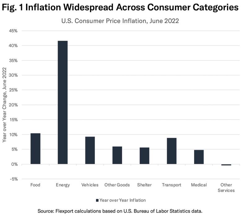 Bar chart of U.S. consumer price inflation by category for June 2022, energy highest at over 40%