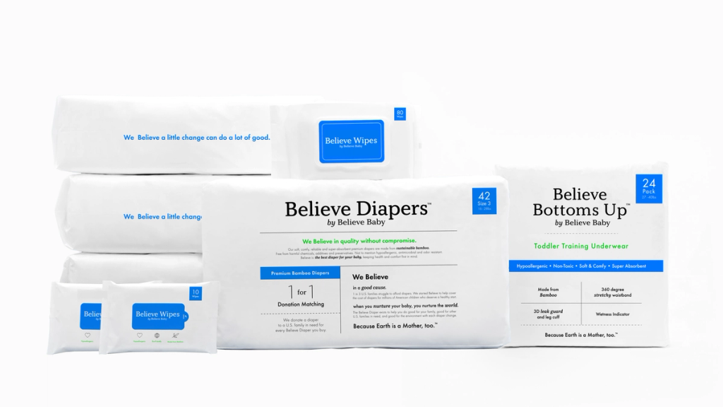 Lineup of Believe Baby diapers, wipes, and training pants packaging on white
