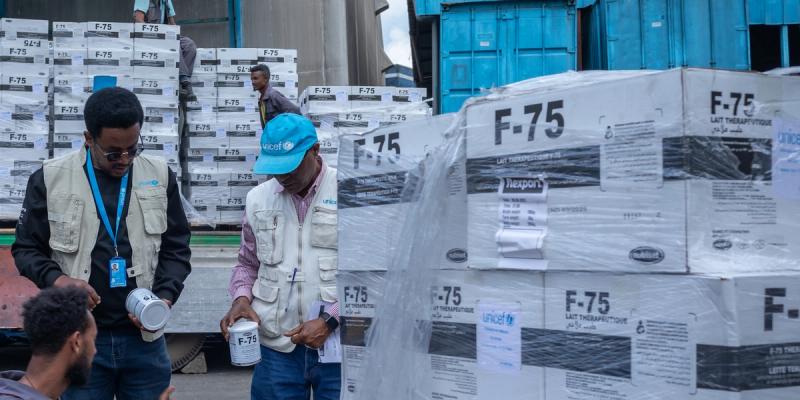 UNICEF aid workers in vests inspect a tub beside pallets of F-75 therapeutic food boxes