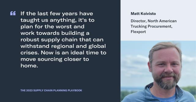 Quote card with a portrait of Matt Koivisto, Director of North American Trucking Procurement at Flexport, on supply chain resilience.