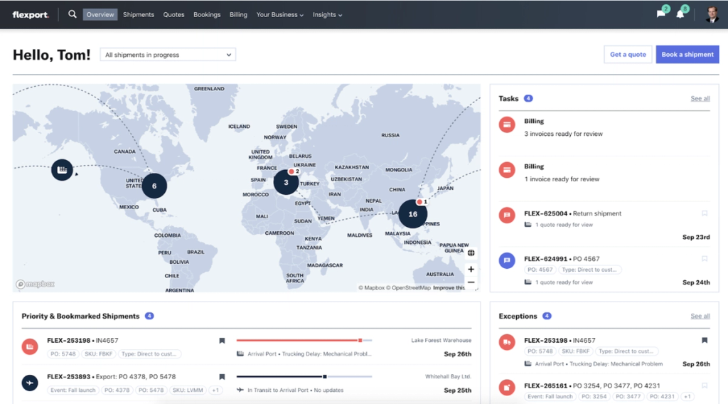 Flexport platform dashboard with a world map of in-progress shipments, priority shipments list, tasks panel and exceptions feed
