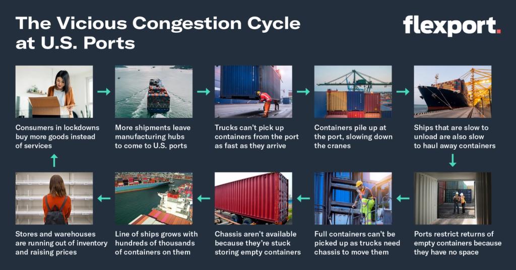 Flexport infographic 'The Vicious Congestion Cycle at U.S. Ports' with ten photo steps and arrows