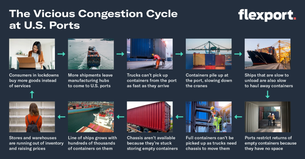Flexport infographic 'The Vicious Congestion Cycle at U.S. Ports' with ten photo steps and arrows
