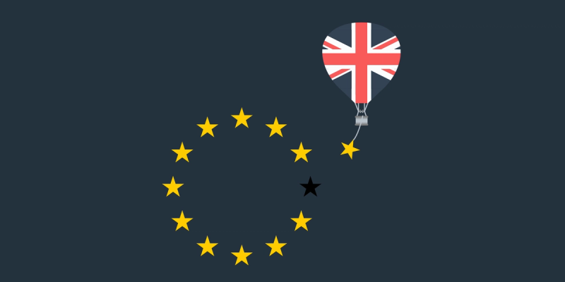 Illustration of a Union Jack hot air balloon floating away from the ring of EU stars, with one star blacked out, symbolizing Brexit