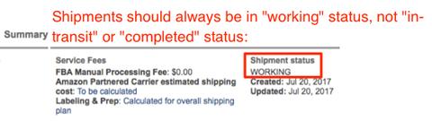 Amazon shipment Summary panel noting shipment status should stay WORKING, with the WORKING status field highlighted in red.