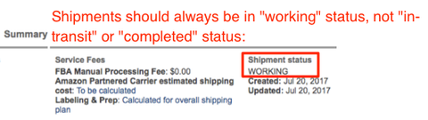 Amazon shipment Summary panel noting shipment status should stay WORKING, with the WORKING status field highlighted in red.
