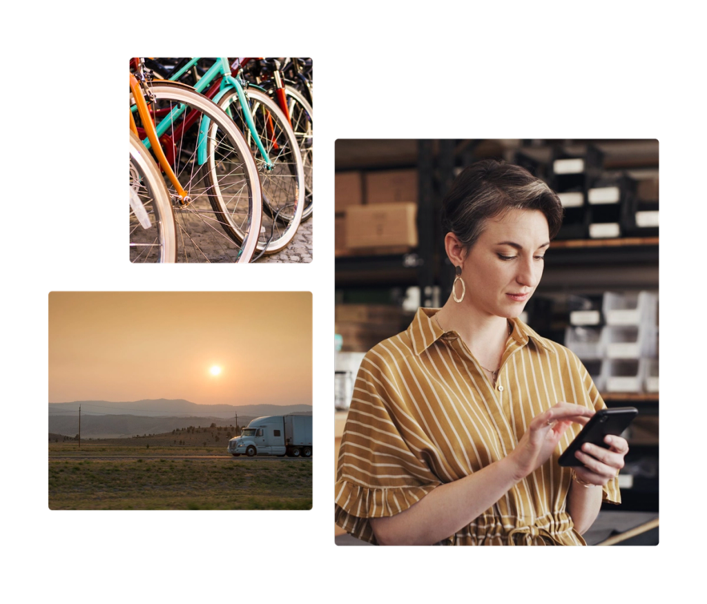 Collage of supply chain imagery: a row of colorful bicycles, a truck at sunset, and a woman checking inventory on a phone in a warehouse.