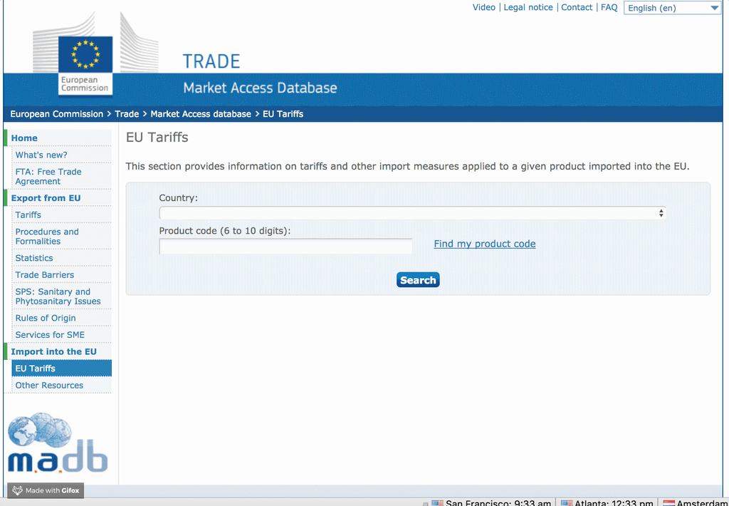 EU Market Access Database EU Tariffs search page with Country dropdown set to United States and a product code field