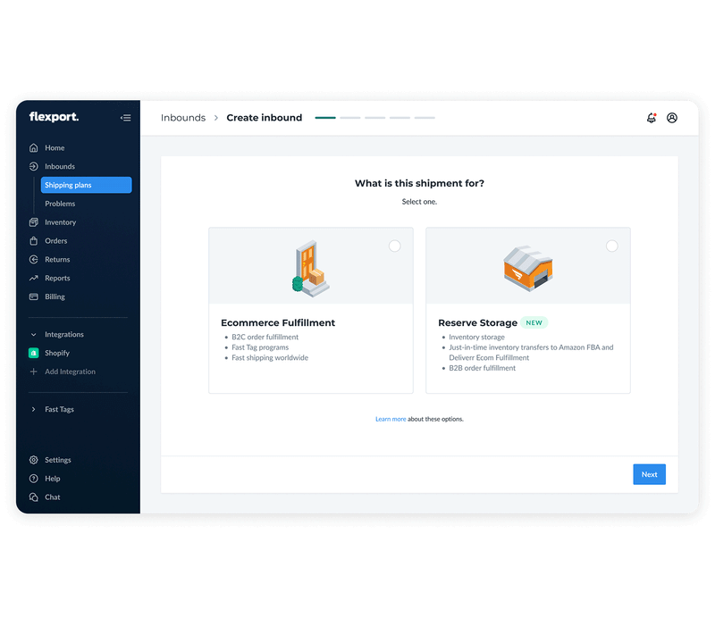 Flexport app create-inbound flow confirming a shipment for a Reserve Storage inbound plan