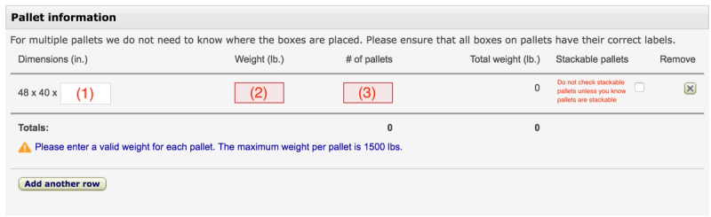 Amazon Pallet information panel with dimensions, weight, and number-of-pallets fields numbered 1-3, noting the 1500 lb max per pallet.