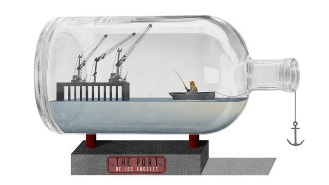 Ship-in-a-bottle illustration of the Port of Los Angeles with cargo cranes and a fishing boat, on a stand with an anchor