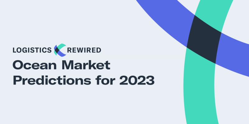 LOGISTICS REWIRED title card with blue and teal arc graphics: "Ocean Market Predictions for 2023"