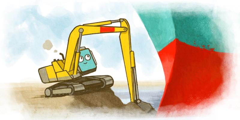 Children's book illustration of a smiling yellow excavator digging sand on a beach