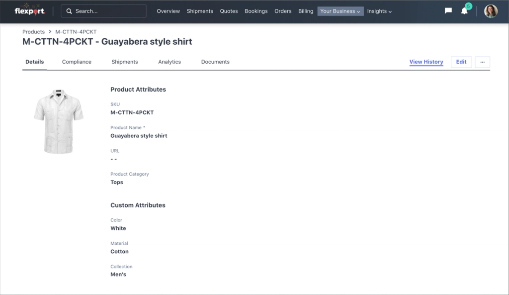 Flexport platform product detail page for a white cotton Guayabera style shirt showing attributes