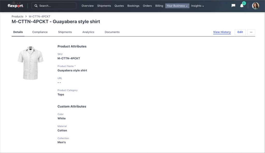 Flexport platform product detail page for a white cotton Guayabera style shirt showing attributes