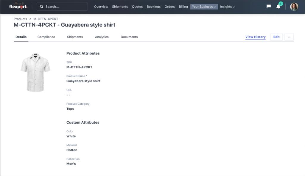 Flexport platform product detail page for a white cotton Guayabera style shirt showing attributes