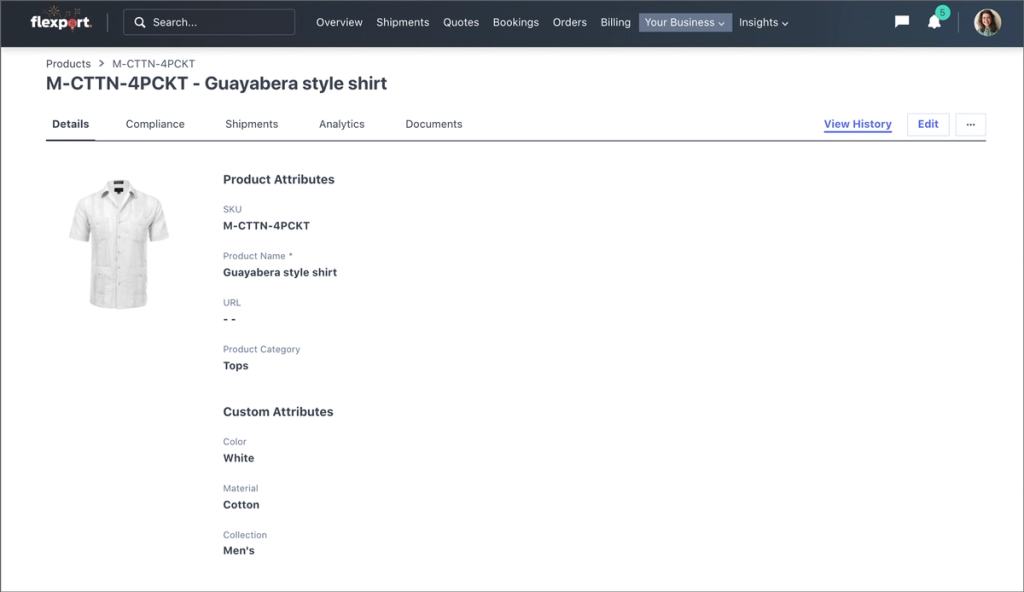 Flexport platform product detail page for a white cotton Guayabera style shirt showing attributes