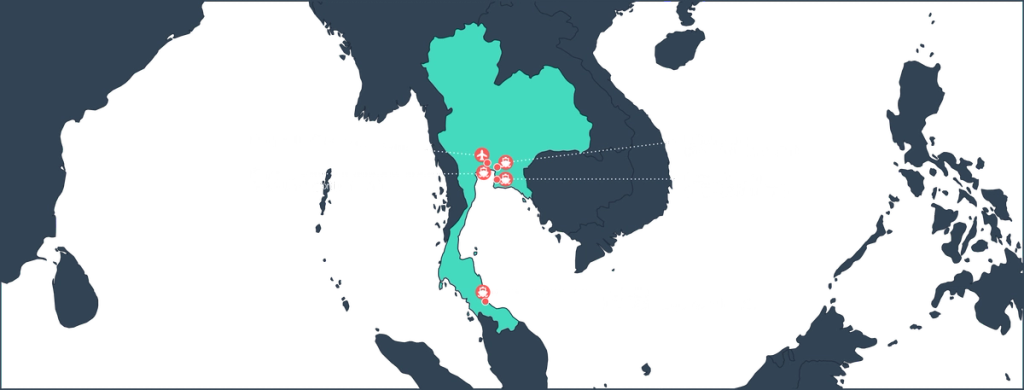 Map of Southeast Asia with Thailand highlighted, marking Bangkok and southern shipping ports