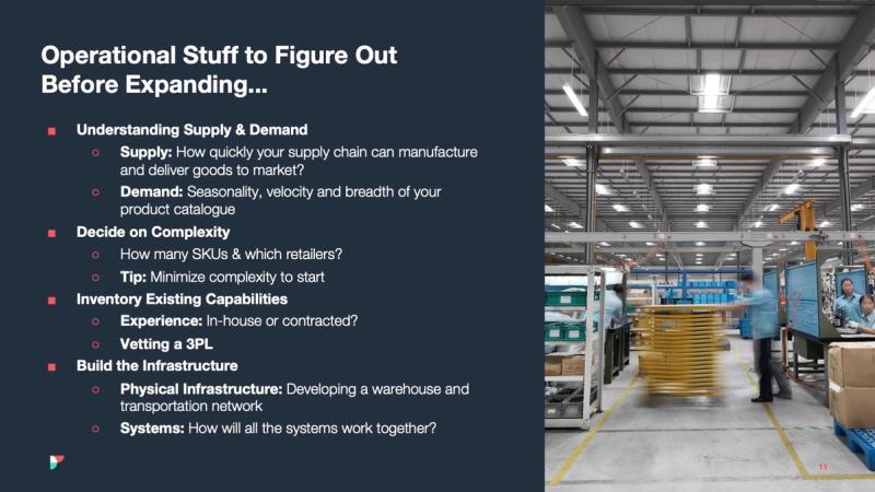 Flexport slide "Operational Stuff to Figure Out Before Expanding" beside a photo of a factory floor