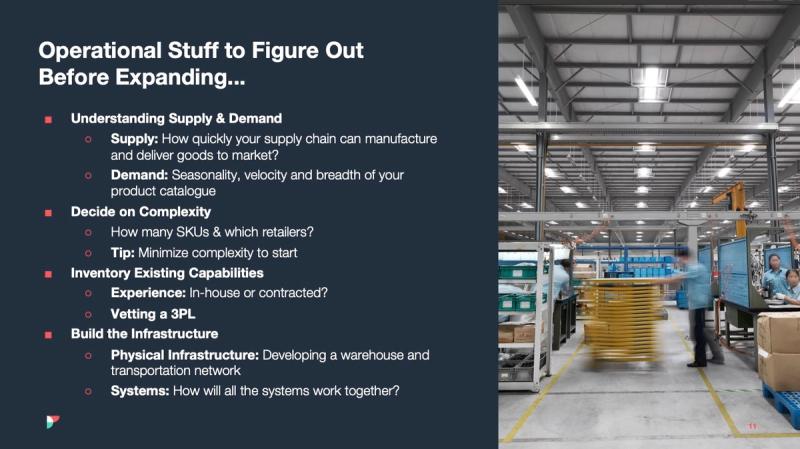 Flexport slide "Operational Stuff to Figure Out Before Expanding" beside a photo of a factory floor
