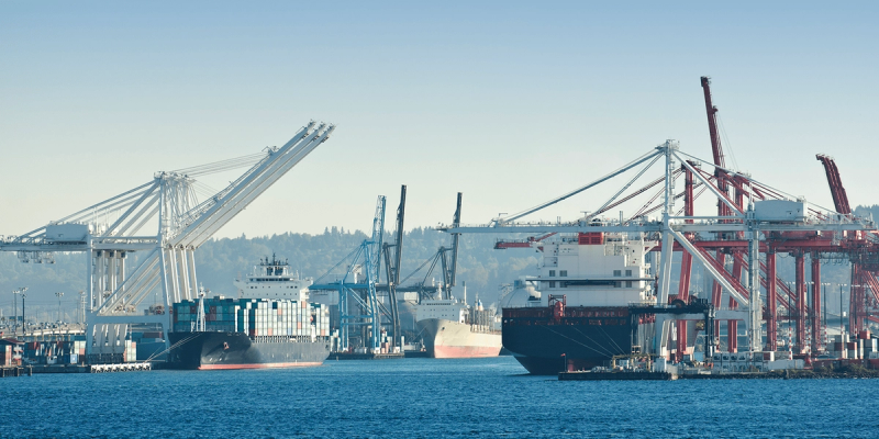 Container ships docked at a West Coast port with white and red gantry cranes against a hillside.