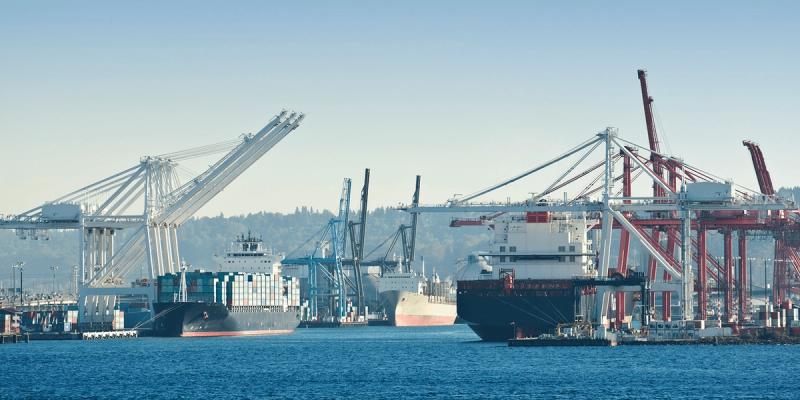 Container ships docked at a West Coast port with white and red gantry cranes against a hillside.