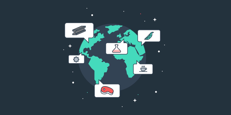 Illustrated green world map globe in space with speech bubbles showing commodity icons: steel beam, peas, lab flask, gear, coffee cup and steak