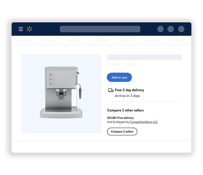 Walmart product page mockup for an espresso machine with Add to cart, Free 2-day delivery and a compare sellers panel