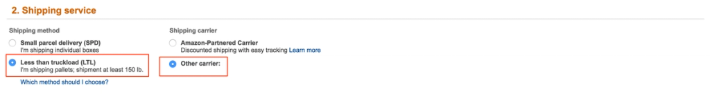 Amazon Shipping service step with Less than truckload (LTL) and Other carrier options highlighted in red boxes.