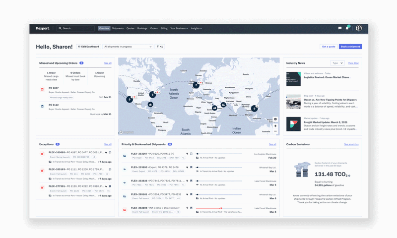 Flexport platform dashboard showing orders, a world map of shipments, exceptions, and carbon emissions
