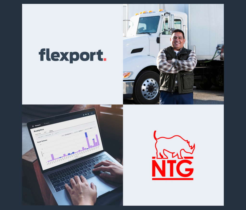 Four-panel collage of the Flexport wordmark, a truck driver beside his cab, the Flexport analytics dashboard on a laptop, and the NTG rhino logo
