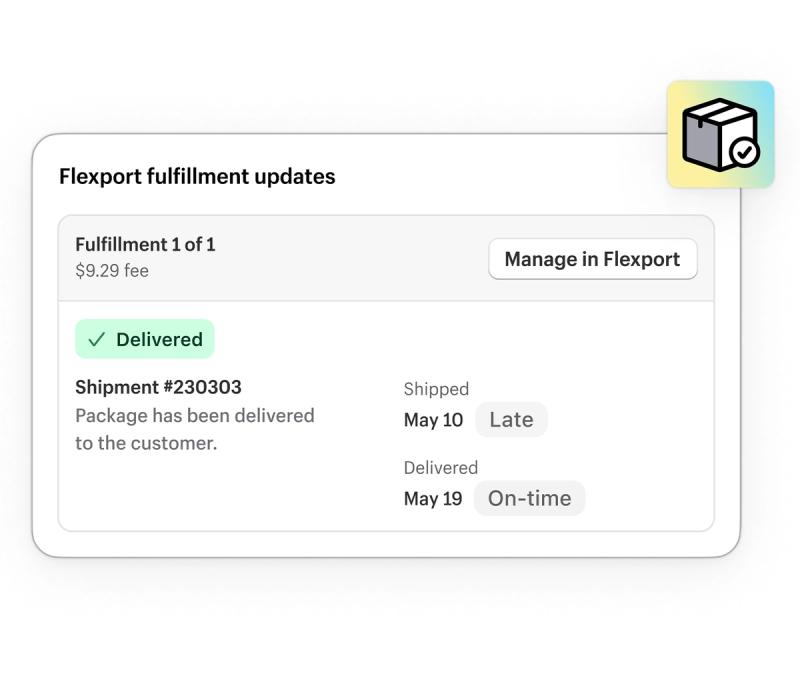 Flexport fulfillment updates panel showing a delivered shipment with shipped and delivered dates