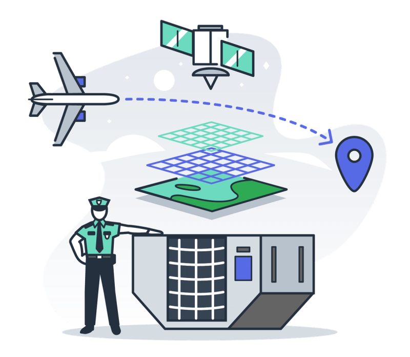 Illustration of an airplane tracked by satellite over a map grid to a destination pin, with a guard beside an air cargo facility