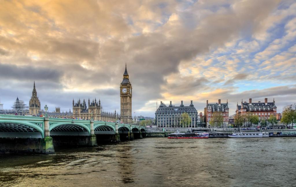 London skyline with Big Ben, the Houses of Parliament, Westminster Bridge and the Thames at sunset