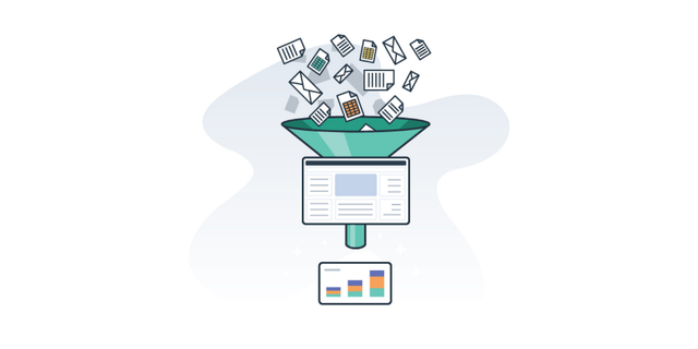 Illustration of documents and envelopes pouring into a funnel above a dashboard with charts