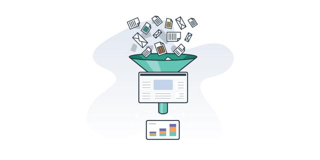 Illustration of documents and envelopes pouring into a funnel above a dashboard with charts