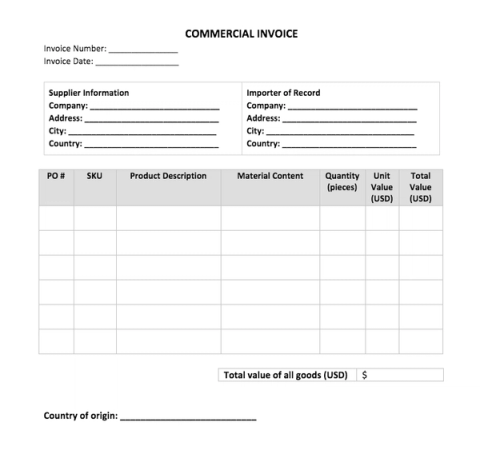 Blank commercial invoice template with fields for supplier, importer of record, and a line-item table for PO, SKU, description, quantity and value