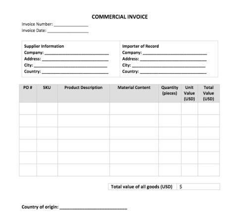 Blank commercial invoice template with fields for supplier, importer of record, and a line-item table for PO, SKU, description, quantity and value