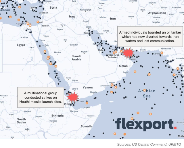 Map of Red Sea and Gulf of Aden with callouts on a hijacked oil tanker and strikes on Houthi missile sites
