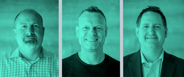 Three smiling men's headshots in a row tinted teal