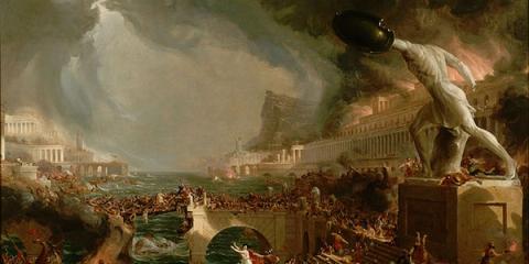 Thomas Cole oil painting The Course of Empire: Destruction, a burning classical city under siege and storm