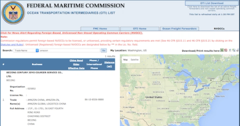 Federal Maritime Commission OTI list screenshot showing an Amazon China NVOCC entry beside a US map