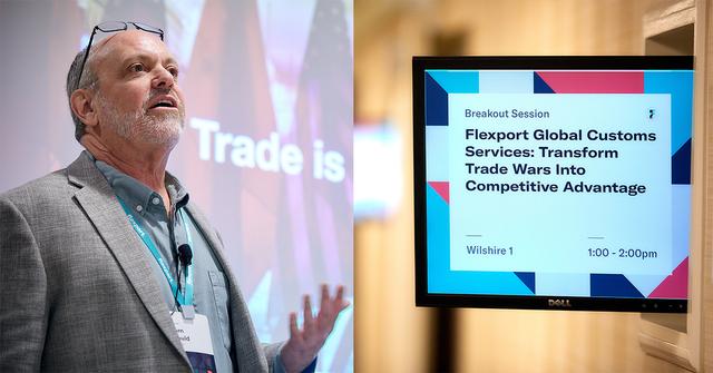 Man speaking on stage beside a screen titled 'Flexport Global Customs Services' breakout session