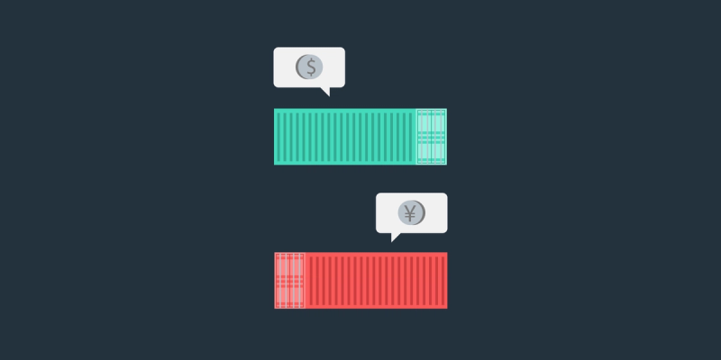 Flat illustration of a green shipping container with a dollar speech bubble and a red container with a yen speech bubble on dark background