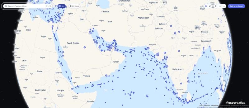 Flexport Atlas map showing dense vessel positions across the Arabian Sea and Indian Ocean