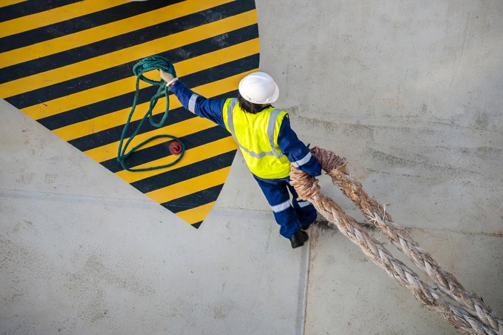 Overhead view of a dockworker in hi-vis vest and hard hat hauling thick mooring ropes across a yellow-and-black striped quay