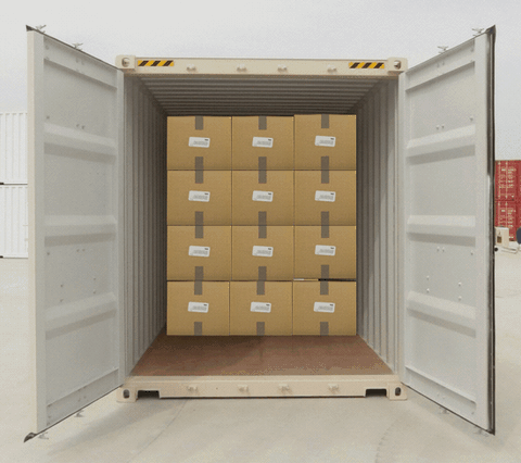 Open shipping container doors revealing the interior stacked with cardboard boxes arranged in rows on the floor.