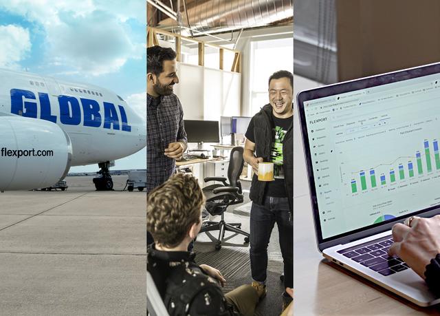 Triptych of a Global cargo jet on tarmac, coworkers chatting in an office, and a laptop showing the Flexport dashboard