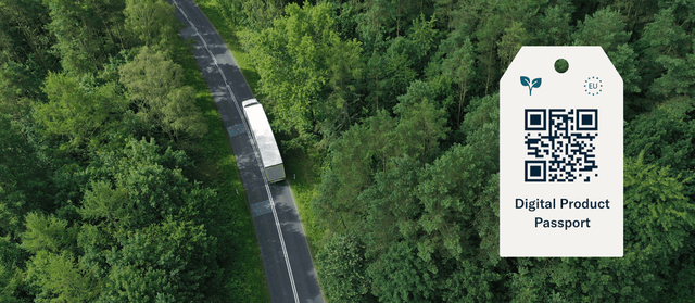 Aerial of a truck on a forest road beside a tag illustration reading 'Digital Product Passport' with QR code