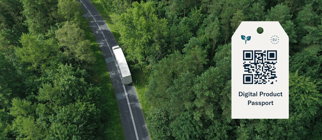 Aerial of a truck on a forest road beside a tag illustration reading 'Digital Product Passport' with QR code